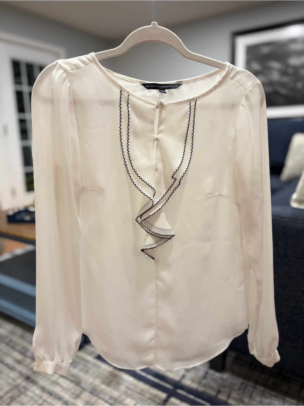 White House Black Market Cream Ruffle-Trim Blouse